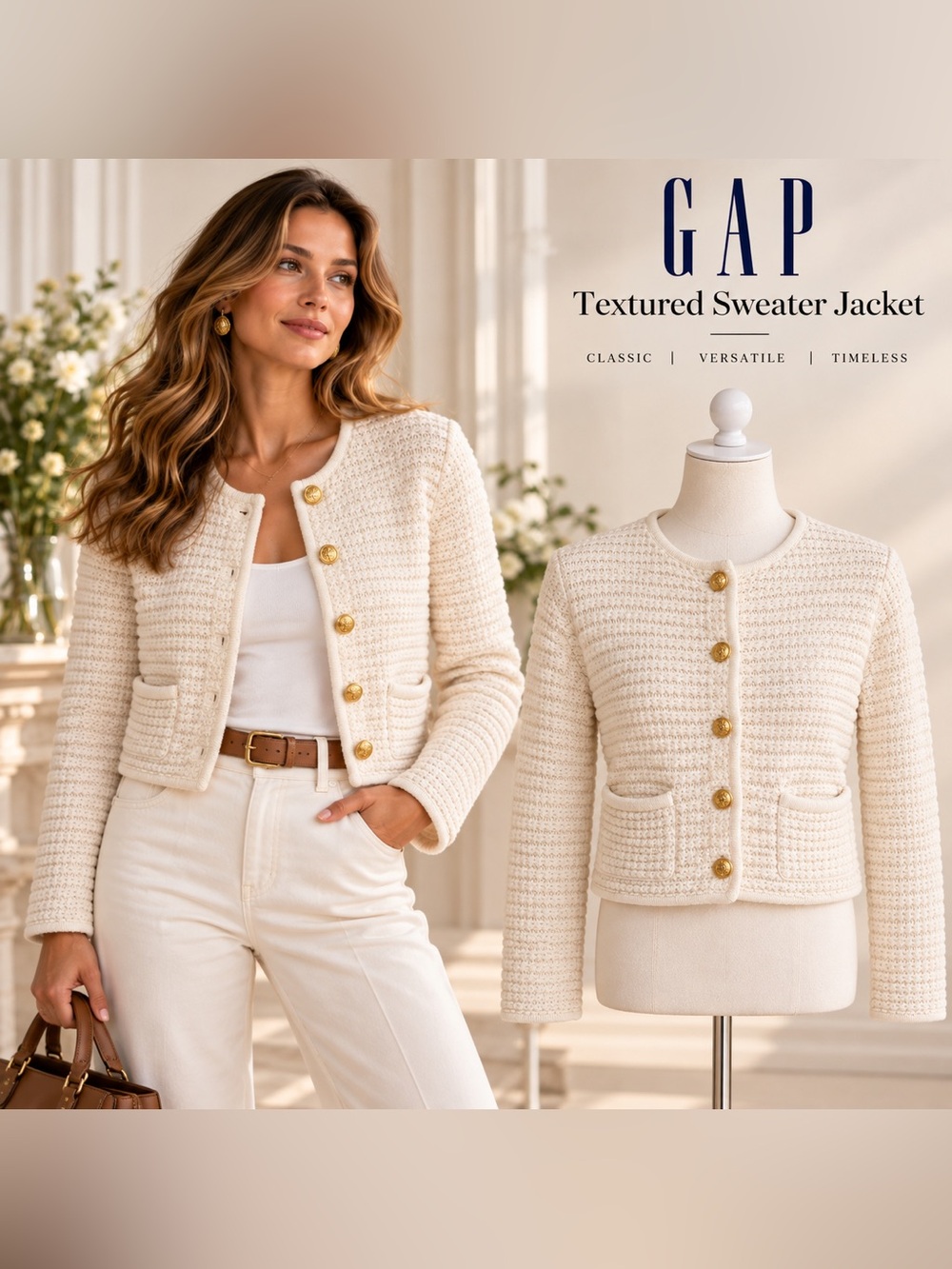 GAP Textured Sweater Jacket SP Ivory Gold Buttons Cotton Lady Cardigan Petite